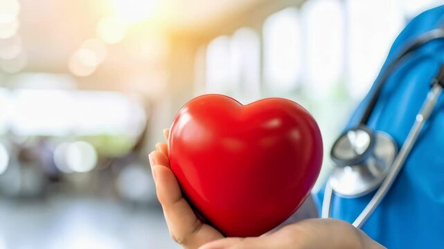 Close-up on a female medical professional holding a red heart shape with a stethoscope for a cardiovascular health concept - Powered by Adobe