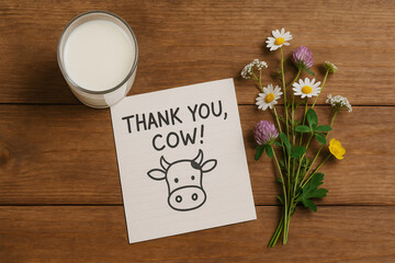 A glass of milk sits beside a thank you note with a cow drawing and wildflowers on a rustic wooden table