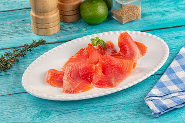 Delicous sliced salmon fillet  ready to eat