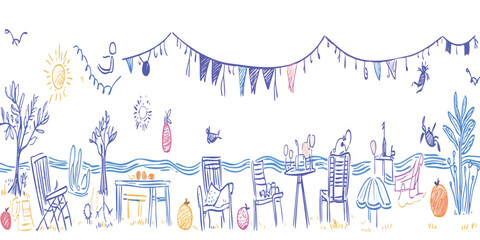 Child's drawing of a beachside party