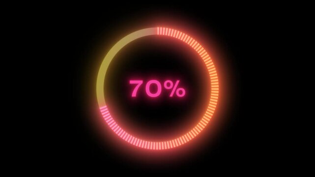Glowing neon circular loading bar animation showing 0 to 70 percent progress with vibrant light ring and 70% indicator. Transparent background, perfect for tech or futuristic UI elements