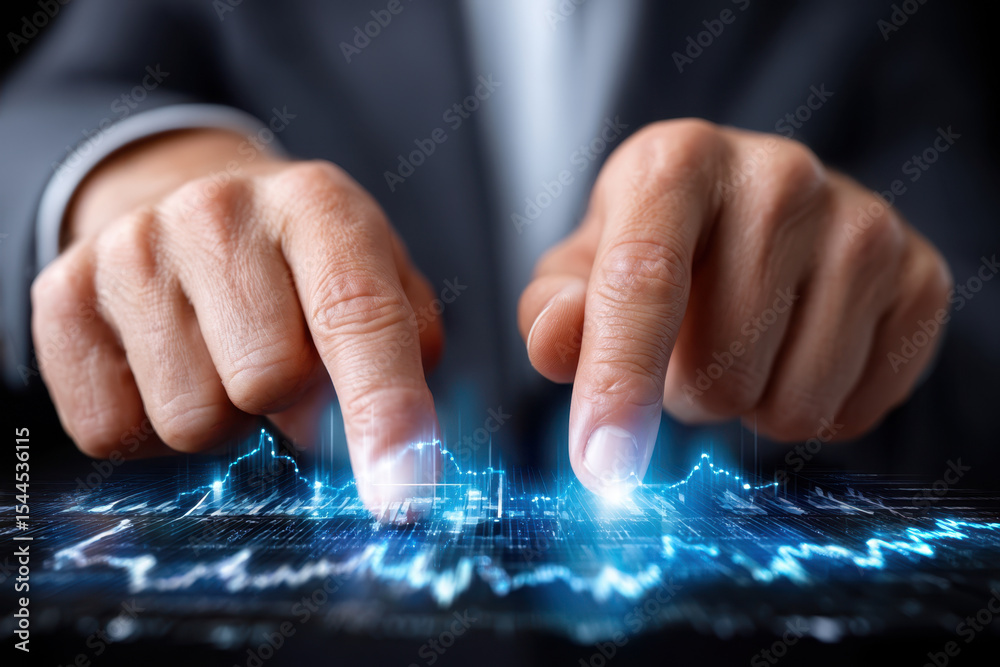 Poster hands engaged in digital manipulation of data visualization on a touchscreen interface