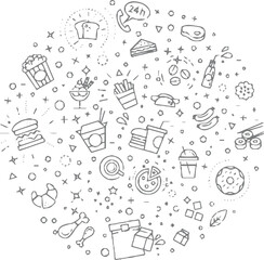 Content creation and writing-themed doodle icon set arranged in a circular layout. Includes elements like typewriters, paper, pens, chat bubbles, tablets, keyboards, quill pens, light bulbs, megaphone
