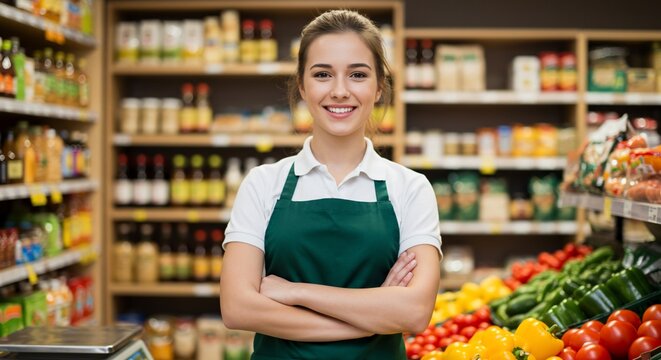 Smiling supermarket employee with arms crossed in front of colorful produce