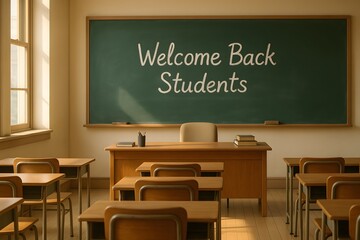 Welcome Back Students Chalkboard Message in Classic Sunlit Classroom with Empty Desks and Teacher’s Desk, Back to School Education Concept
