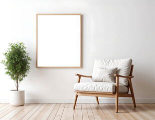 Morden living room with armchair and transparent picture frame mockup on background wall.