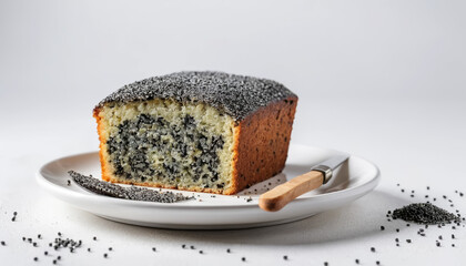 A slice of poppy seed cake on a white plate, topped with powdered sugar. AI generated.
