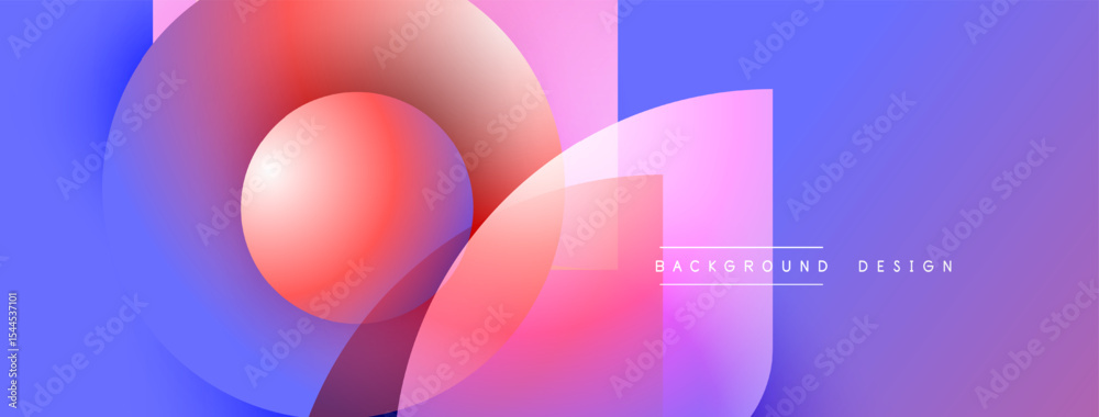 Poster Abstract composition features overlapping circles, squares. Gradient colors blend from blue to pink, creating modern visual effect.