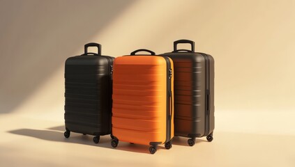 Three suitcases of different sizes and colors, standing upright on wheels against a neutral background. The luggage is made from plastic with a matte finish, featuring horizontal stripes along the edg