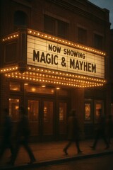 Vintage Cinema Marquee at Night Showing 'Magic & Mayhem' with Motion Blur Pedestrians and Warm Retro Lights