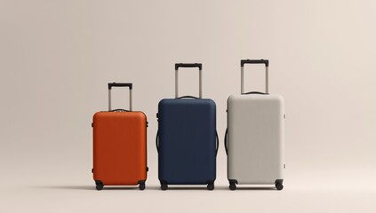 Three suitcases of different sizes and colors, standing upright on wheels against a neutral background. The luggage is made from plastic with a matte finish, featuring horizontal stripes along the edg