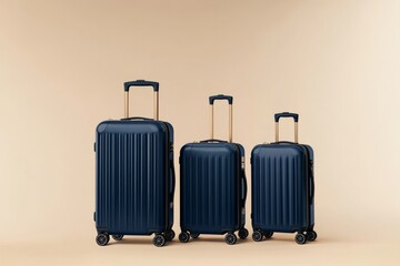 Three suitcases of different sizes and colors, standing upright on wheels against a neutral background. The luggage is made from plastic with a matte finish, featuring horizontal stripes along the edg