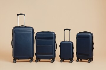 Three suitcases of different sizes and colors, standing upright on wheels against a neutral background. The luggage is made from plastic with a matte finish, featuring horizontal stripes along the edg