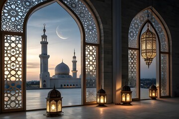 ornamental Arabic lantern with burning candle glowing at night and mosque in background. Festive greeting card for Muslim holy month Ramadan Kareem.