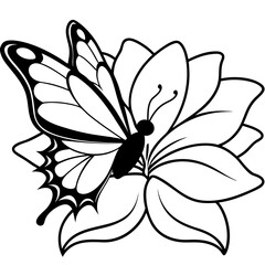 Butterfly Perched on Flower Petal – Detailed Wing and Petal Contour Line Art