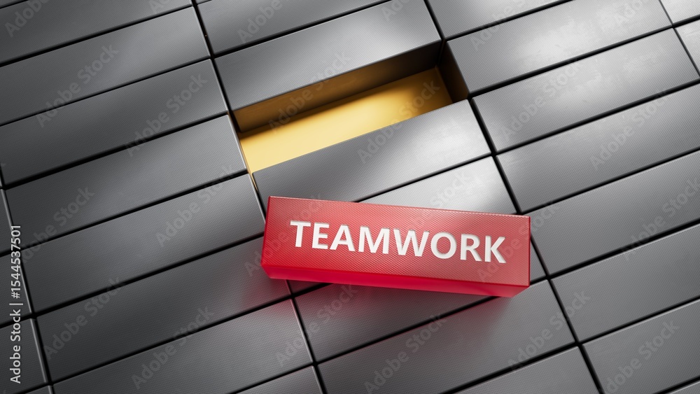 Poster teamwork.metal blocks spelling.Flat lay view from above on red background with metal blocks buttons.IT technology concept.3D rendering on red background.