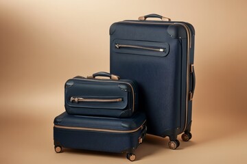 Three suitcases of different sizes and colors, standing upright on wheels against a neutral background. The luggage is made from plastic with a matte finish, featuring horizontal stripes along the edg