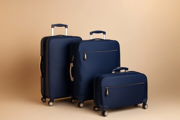 Three suitcases of different sizes and colors, standing upright on wheels against a neutral background. The luggage is made from plastic with a matte finish, featuring horizontal stripes along the edg