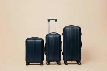 Three suitcases of different sizes and colors, standing upright on wheels against a neutral background. The luggage is made from plastic with a matte finish, featuring horizontal stripes along the edg
