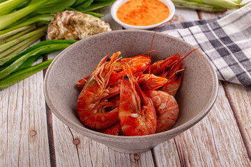 Delicous boiled tiger prawn with sauce