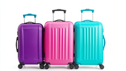 Three suitcases of different sizes and colors, standing upright on wheels against a neutral background. The luggage is made from plastic with a matte finish, featuring horizontal stripes along the edg