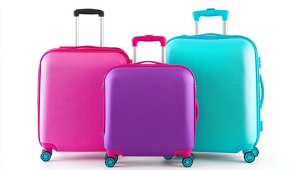 Three suitcases of different sizes and colors, standing upright on wheels against a neutral background. The luggage is made from plastic with a matte finish, featuring horizontal stripes along the edg