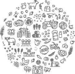 Content creation and writing-themed doodle icon set arranged in a circular layout. Includes elements like typewriters, paper, pens, chat bubbles, tablets, keyboards, quill pens, light bulbs, megaphone