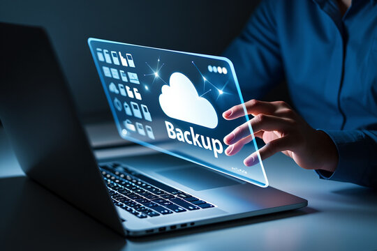Person using laptop with cloud backup data security interface