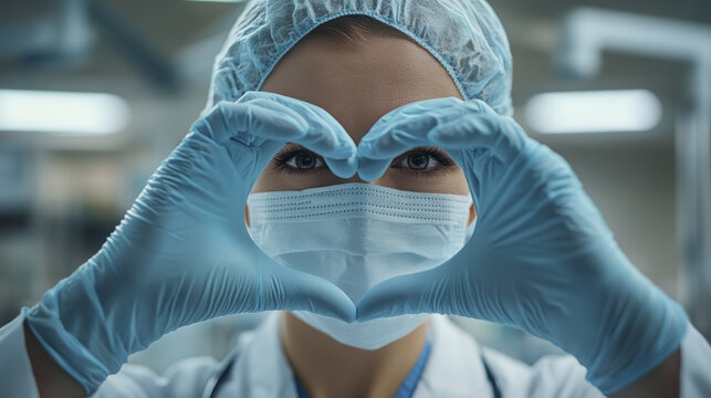 A caring female doctor shapes a heart with gloved hands wearing mask and cap