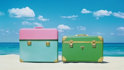 Two colorful suitcases standing next to each other on the beach, with a blue sky and sea in the background. One suitcase is pink, and the other is green.