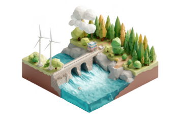 Low-poly isometric landscape with wind turbines, bridge, river, and forest