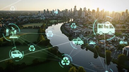 Aerial cityscape at sunrise with animated sustainability and smart city icons, digital network overlay - Powered by Adobe