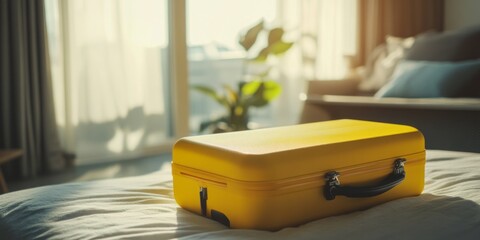Yellow suitcase in a modern hotel room, close-up, with sunlight streaming through the window,