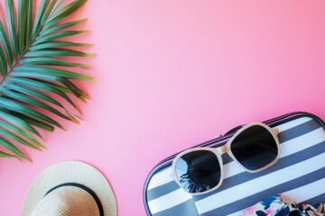 Unpacking a suitcase with summer , a hat, and sunglasses on a pink background