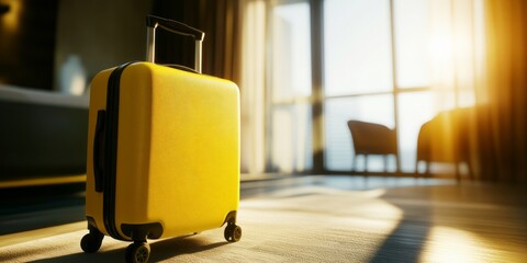 Yellow suitcase on wheels in a hotel room, sunlight streaming through the window, a travel concept with ample space for text. High-quality photograph. Unreal engine rendering