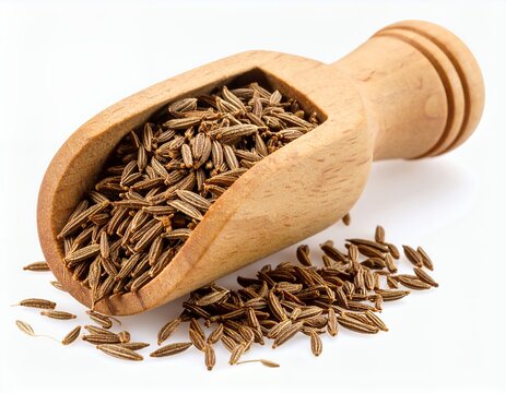 Aromatic cumin seeds in a wooden scoop against a stark backdrop evoking culinary authenticity on white background