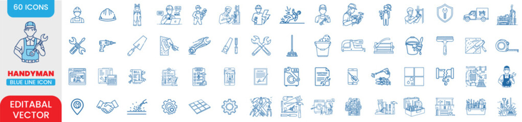Handyman Editable Blue Line Icon Set &ndash; Includes Tools, Maintenance, Plumbing, Electrical, Construction, Cleaning Services & More | Vector Illustration with Editable Stroke