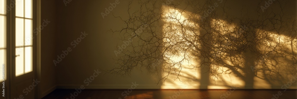 Poster sunlight creates intricate nervous system pattern shadow on a wall in a tranquil room during afterno