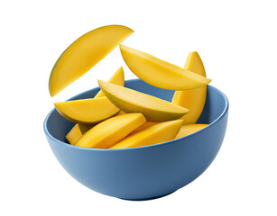 Fresh mango slices falling into fruit bowl PNG for tropical food, smoothie, and summer snack visuals. Juicy mango chunks tumbling into bowl isolated for vegan recipe content, fruit salad designs

