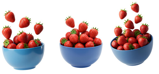 bowl of strawberries PNG. Strawberry bowl isolated. Strawberries fruit falling down into blue ceramic bowl PNG. Fresh and organic strawberry isolated