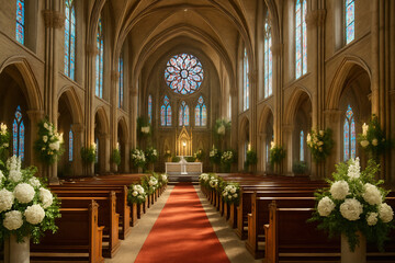 Obraz premium Majestic Church Interior with Stained Glass Windows and Floral Arrangements Ideal for Wedding or Ceremony