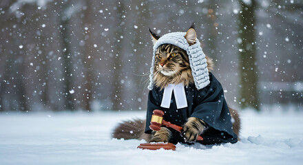 Maine Coon cat judge in winter snow, wearing judge's wig and robe, holding gavel, sitting outdoors in snowy park, whimsical pet portrait