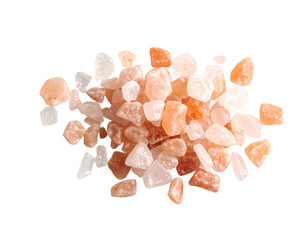 Pile of Himalayan pink salt crystals isolated on white, a culinary spice on transparent background