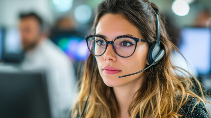 A young woman with glasses and a headset works at her computer, providing customer support or technical assistance in a busy office environment. She looks focused and professional.