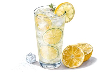 iced lemonad in tall glass isolated on white background