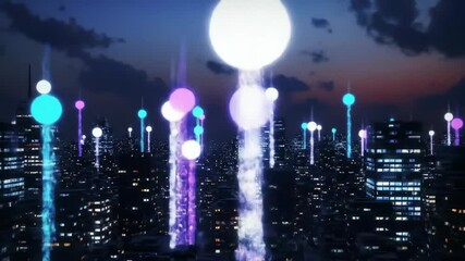 Smart city skyline with animated data connectivity, illuminated skyscrapers, and sci-fi digital effects - Powered by Adobe