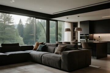 Obraz premium Modern living room with large windows overlooking a forested area