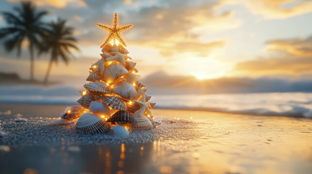 A starfish tops a seashell tree aglow on sand near the ocean at sunset