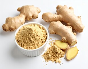 Fototapeta premium Elevated view of whole and pulverized ginger root with slices arranged on white background