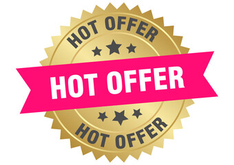 hot offer. hot offer round pink and gold label isolated on transparent background